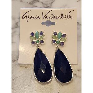Gloria Vanderbilt Teardrop Earrings Navy Blue Crystal Floral Design Silver-Tone